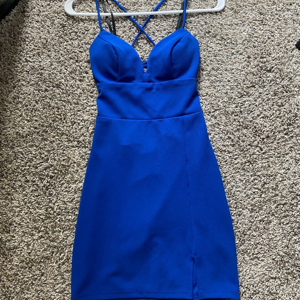 Blue Bodycon Mini Dress with Slit